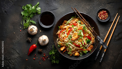asian food cooking wok with noodles chicken