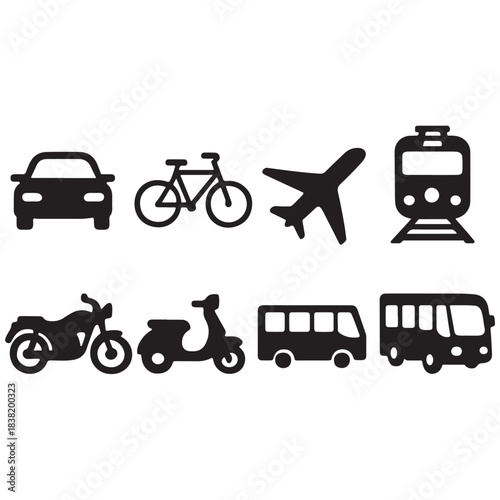 Transport icon set, vehicle icons containing car, bike, plane, train, bicycle, motorbike, bus vector silhouette 
