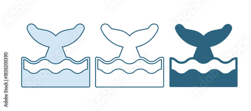 Blue Whale tail in ocean wave icon isolated on white background. Vector