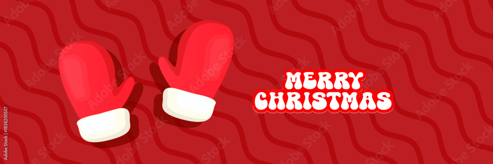 Fototapeta premium Merry Christmas horizontal banner and flyer vector design with cute kids warm red mittens on red abstract geometric background and greeting text. Vector merry Christmas cartoon banner with gloves