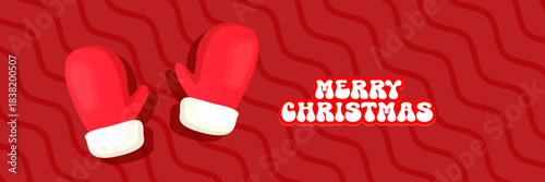 Merry Christmas horizontal banner and flyer vector design with cute kids warm red mittens on red abstract geometric background and greeting text. Vector merry Christmas cartoon banner with gloves