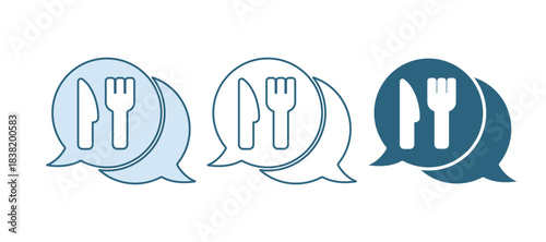 Blue Cafe and restaurant location icon isolated on white background. Fork and spoon eatery sign inside pinpoint. Vector.