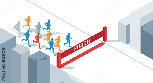 Dynamic isometric race scene with runners crossing finish line