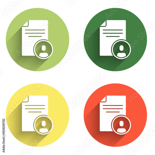 Set Resume icon isolated with long shadow background. CV application. Searching professional staff. Analyzing personnel resume. Color circle button. Vector