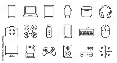 Set of electronic device line icons featuring a smartphone, laptop, camera, drone, headphones, and other modern gadgets, illustrated in a simple black outline vector style
