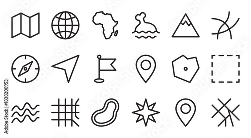 Collection of minimalist map and navigation icons including a compass, globe, location marker, and continent outline, presented as a simple black line art symbol set
