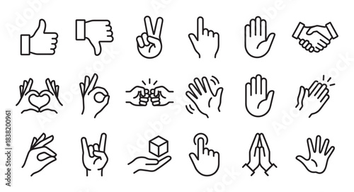 Set of hand gesture line icons showing various communication symbols like thumbs up, peace, heart, and handshake in a minimalist and clean pictogram collection