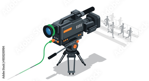 Isometric vintage camera capturing runners in motion