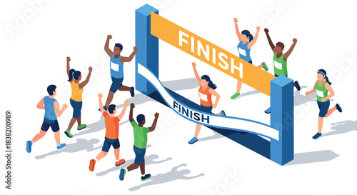 Isometric runners celebrating at the finish line with diverse participants in race