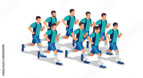 Diverse group of people running together in isometric style
