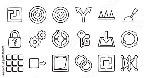 Set of hand-drawn black line icons representing problem solving, strategy, and business concepts like mazes, keys, gears, and choices, presented in a simple doodle style