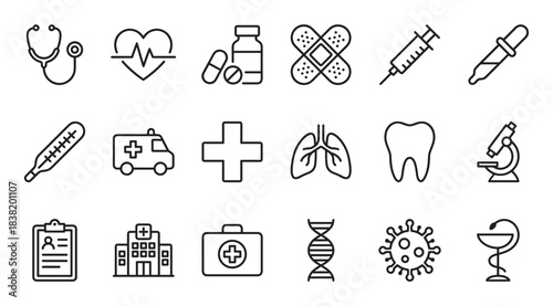 Set of medical and healthcare icons in a simple black line art style, featuring a stethoscope, heartbeat, pills, ambulance, hospital, virus, and other health symbols