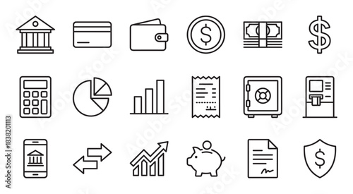 Financial and banking thin line icon set representing money, payment, investment, and savings with symbols like bank, credit card, wallet, cash, calculator, and piggy bank