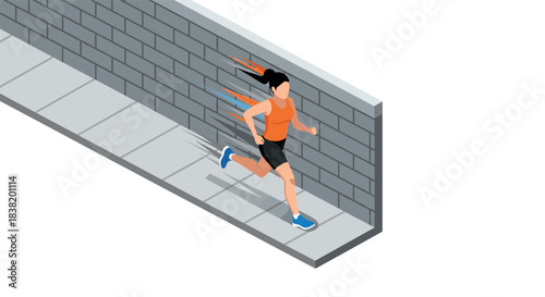 Isometric woman running alongside brick wall on urban sidewalk