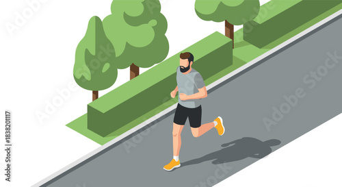 Isometric design of man jogging on urban path with trees