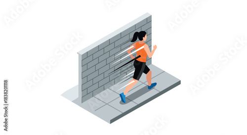 Woman running through a wall in dynamic isometric style