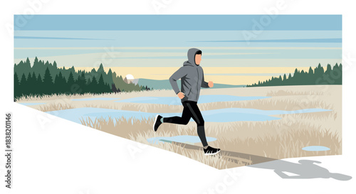 Morning jogger in winter landscape with sunrise and pine trees in minimalist style