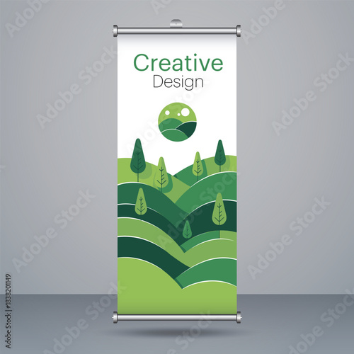 Modern vertical pullup stand banner display showcasing a creative green landscape design for business promotion