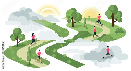 Isometric landscape with people jogging on winding paths in lush green park