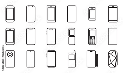 Collection of various mobile phone icons in a minimalist black line art style, showcasing the evolution of technology from old button and flip phones to modern smartphones