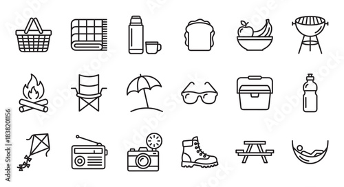 Set of picnic and camping line icons featuring outdoor recreation items like a basket, grill, campfire, and camera for summer vacation and travel concepts