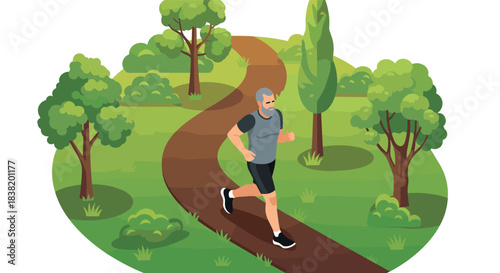 Man jogging on park trail surrounded by lush greenery and trees