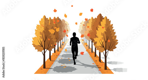 Autumn runner on tree-lined path with falling leaves in silhouette style