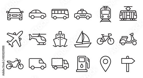 Set of black line transportation icons featuring various vehicles for land, air, and sea travel, including a car, bus, train, airplane, ship, and bicycle in a simple graphic style