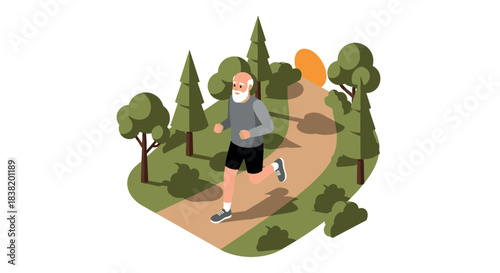 Elderly man jogging on a forest path at sunrise in isometric style