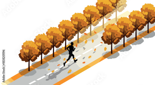 Autumn silhouette runner on leafy path with vibrant orange trees