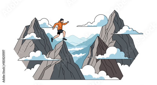 Adventurer leaping across mountain peaks amidst clouds in minimalistic style