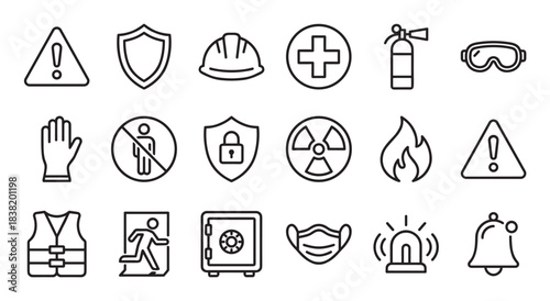 Collection of black line art safety icons representing various warnings, protection gear, and emergency procedures for workplace and public health awareness in a simple minimalist vector style