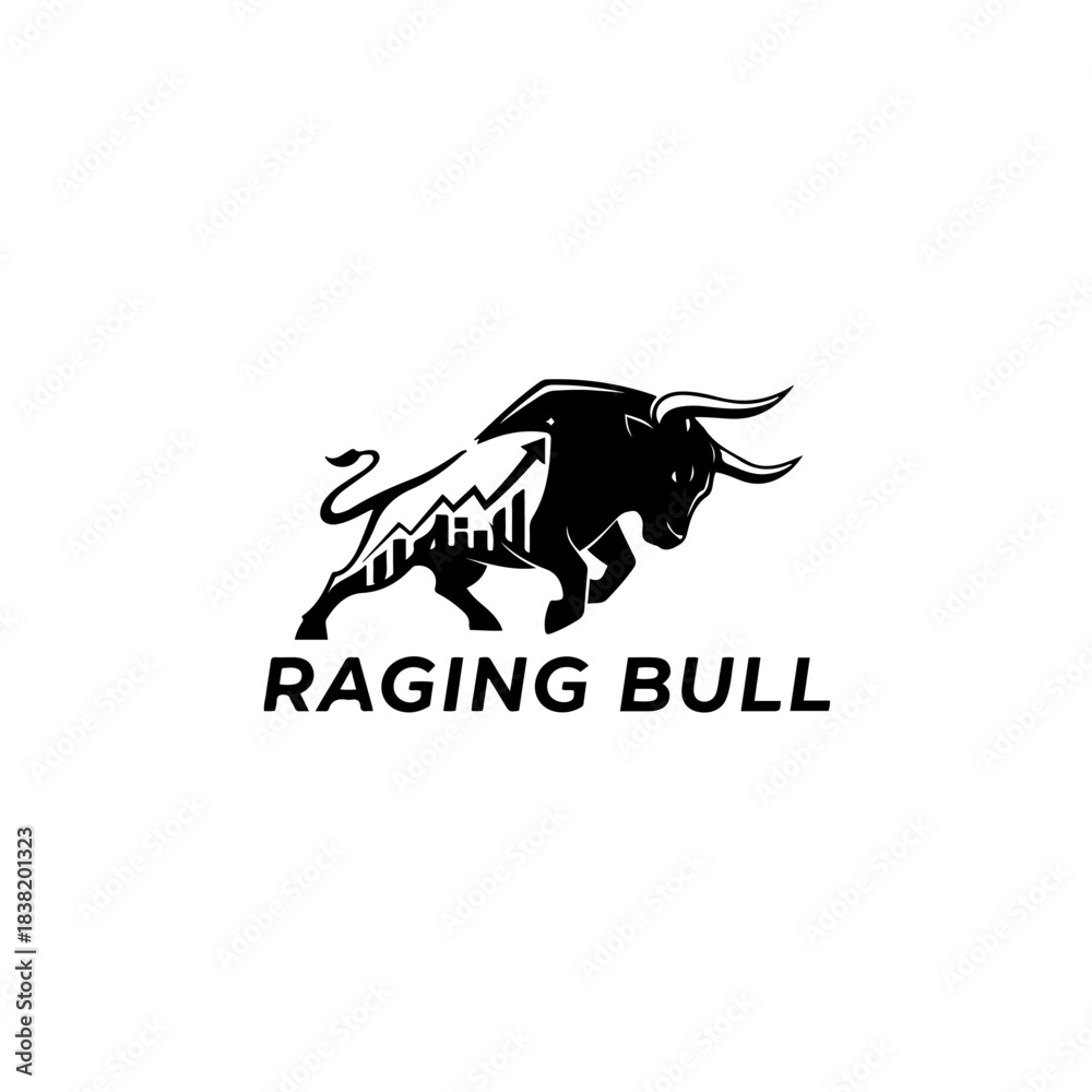 Fototapeta premium Raging bull market icon with upward trending financial graph and bar charts, representing growth and success in investments. isolated on transparent background