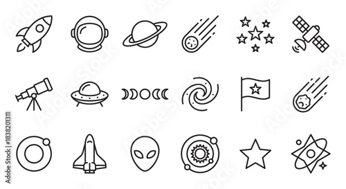 Set of black line art icons featuring space, astronomy, and science fiction elements like rockets, planets, aliens, and stars, presented in a clean, minimalist graphic style
