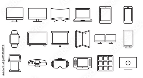 Black line art icons of various screens and digital devices including monitors, laptops, smartphones, tablets, and VR headsets in a clean, modern, minimalist vector style