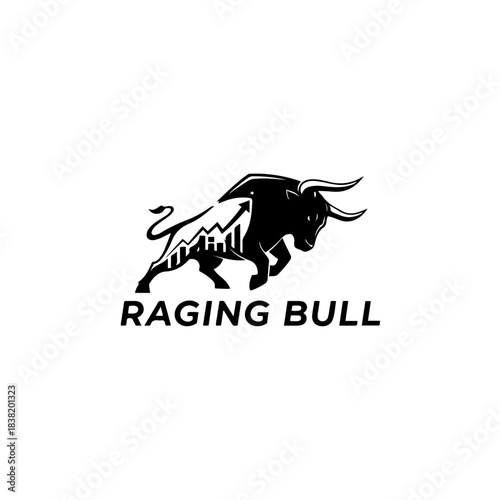 Raging bull market icon with upward trending financial graph and bar charts, representing growth and success in investments. isolated on transparent background