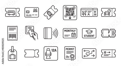 Set of black line art icons representing tickets, passes, and travel documents for various forms of transportation, including symbols for bus, train, airplane, and contactless payment