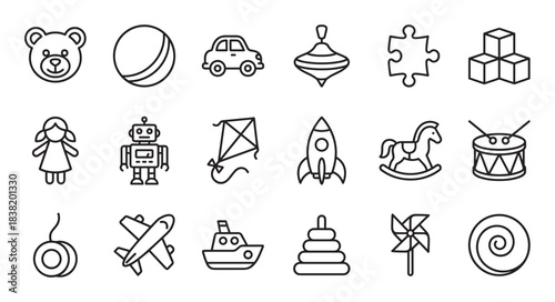 Collection of children's toy line icons featuring a teddy bear, robot, car, and rocket in a simple, minimalist black and white graphic illustration set for kids and play