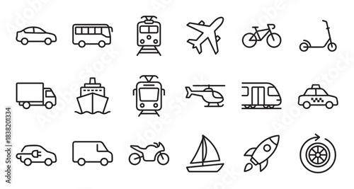 Set of black line art transportation icons showing various vehicles for public and private travel, including a car, bus, plane, ship, train, and bicycle in a minimalist style