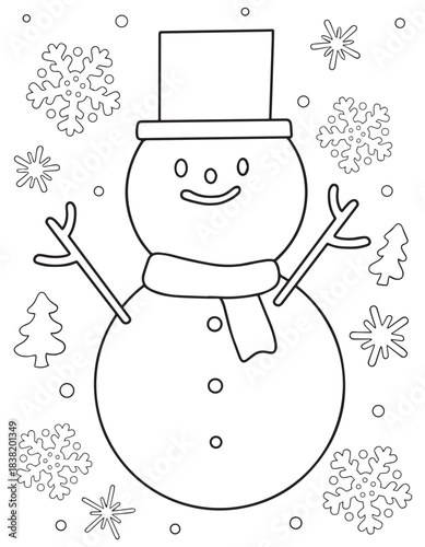 Cute kawaii snowman illustration for children s coloring pages simple outline design isolated on white background