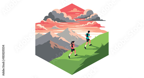 Hikers climbing mountain hillside with vibrant sunset in geometric design