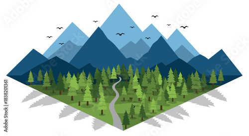 Isometric mountain landscape with forest and birds in geometric style