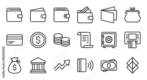Set of black line icons representing finance, money, and banking concepts, including a wallet, credit card, coins, ATM, and safe, drawn in a simple minimalist vector style