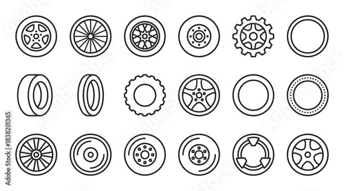 Car wheel and tire line icon set featuring various designs of alloy rims, rubber automobile parts, and mechanical gears in a simple black and white vector style illustration
