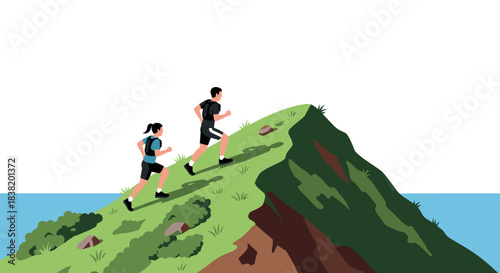 Couple hiking up mountain trail along coast in clear day minimalist art