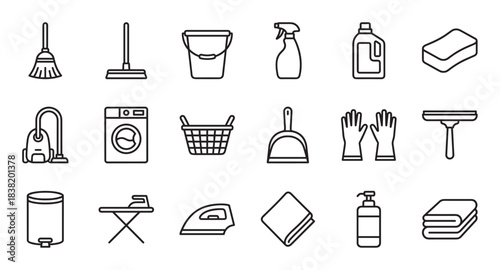 Set of minimalist black outline icons for cleaning and housekeeping, featuring various tools like a mop, bucket, spray bottle, iron, and laundry basket in a simple vector style