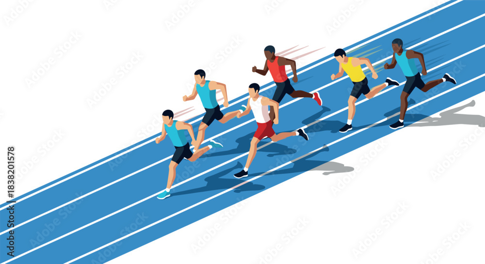 Naklejka premium Dynamic race on blue track featuring diverse runners in flat design