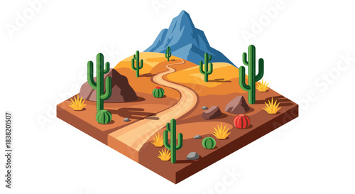 Isometric desert landscape with cacti and mountain path