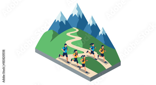 Isometric mountain landscape with joggers