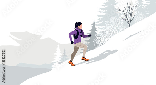 Woman hiking snowy mountain landscape in winter forest with minimalist style